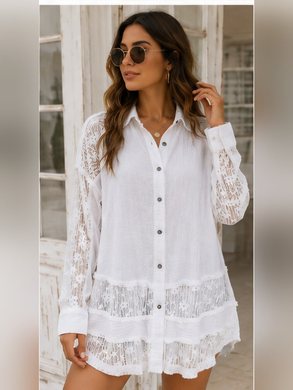 Sewn + Seen White Cotton Gauze Lace Button Down Shirt L Festival Boho Romantic